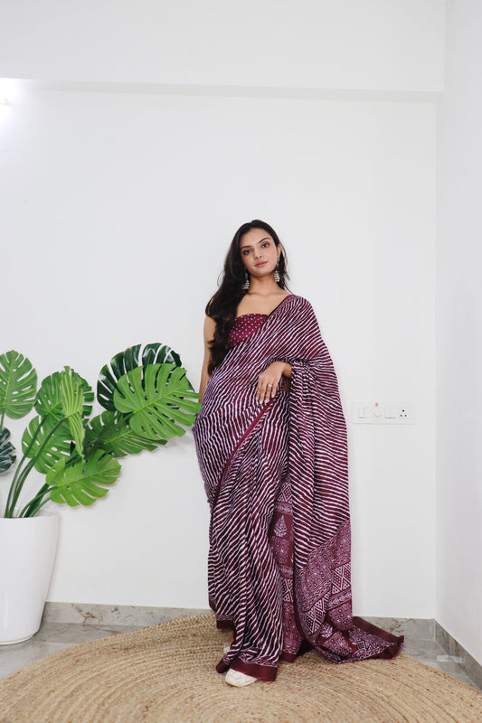 Handicraft Stylis Women's Elegent ikat Hand Printed Saree With Blouse Piece