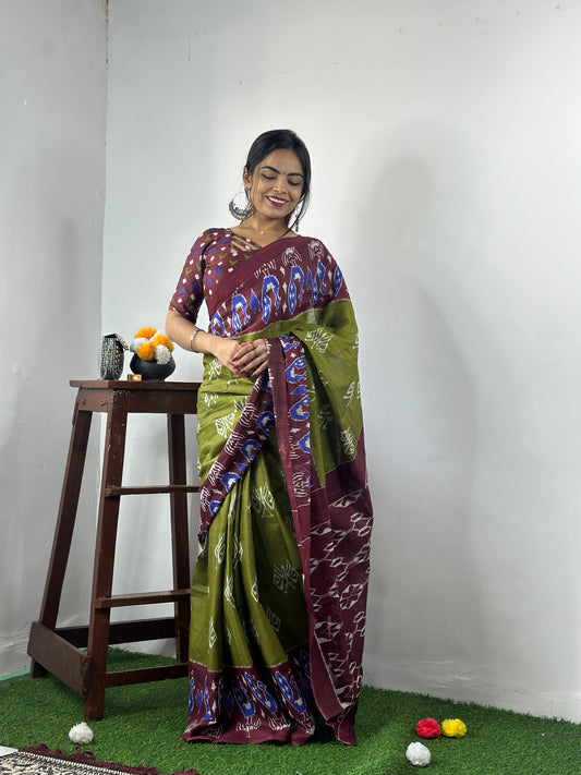 Elegant Women's Ikat Hand Print Pure soft Cotton Saree With Blouse Piece