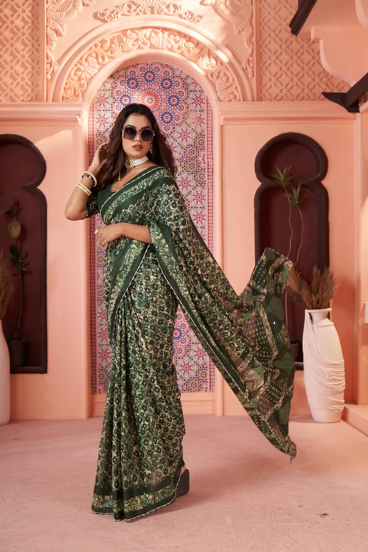 Jaipur PURE Cotton saree Colour Hand Block Print With mirror work