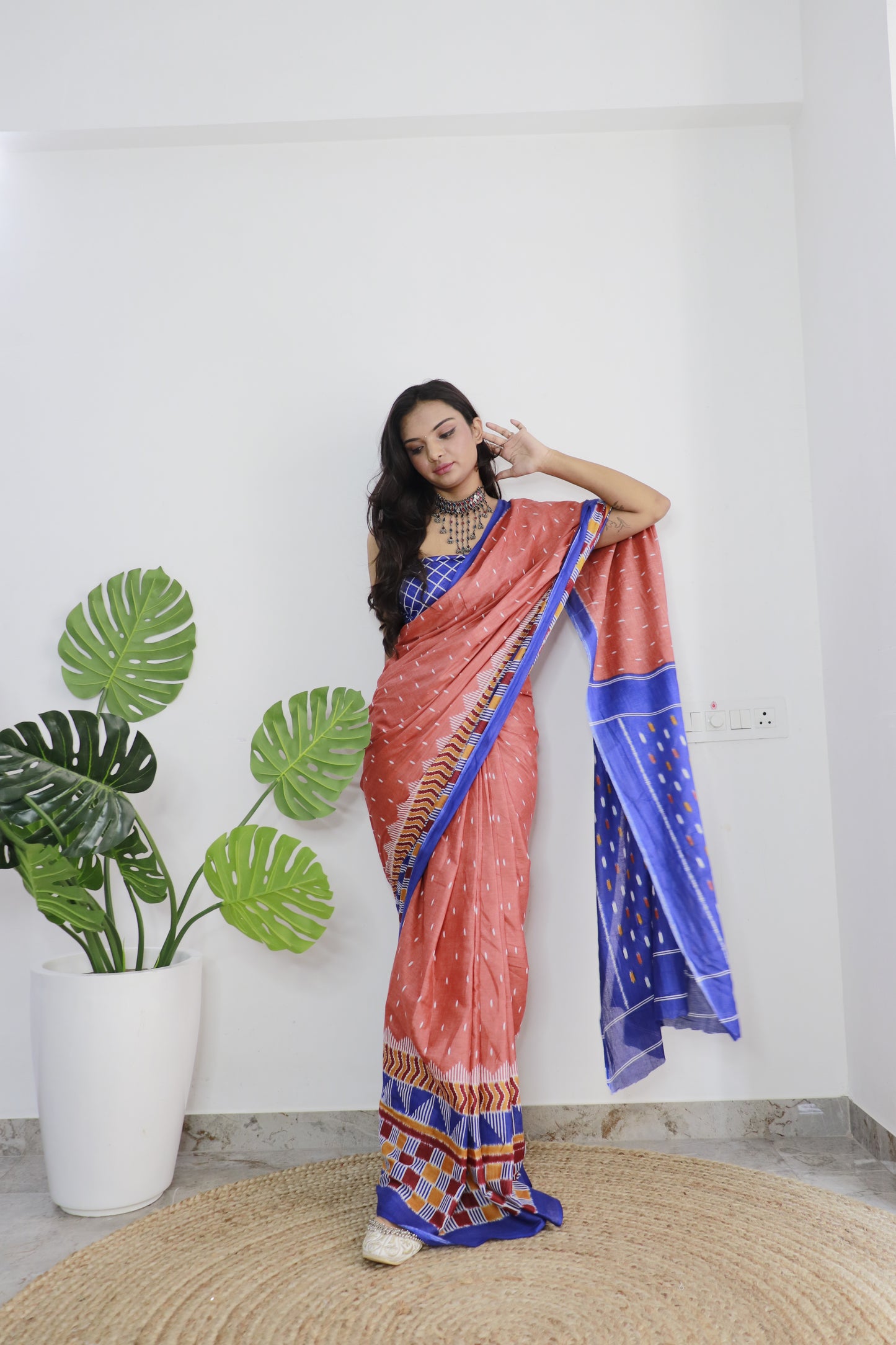 Elegant Women's Ikat Hand Print Pure soft Cotton Saree With Blouse Piece