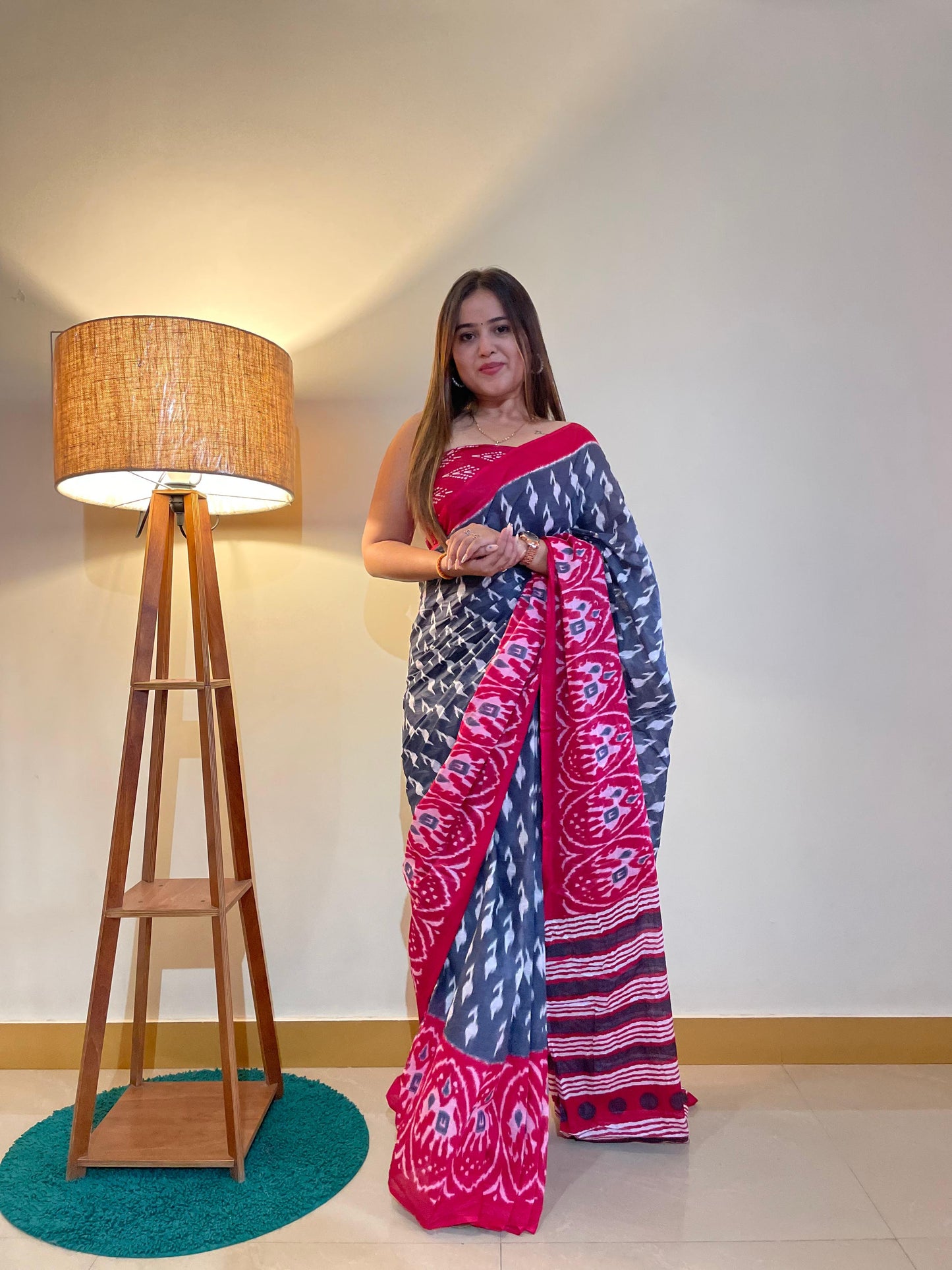 Elegant Women's Ikat Hand Print Pure soft Cotton Saree With Blouse Piece