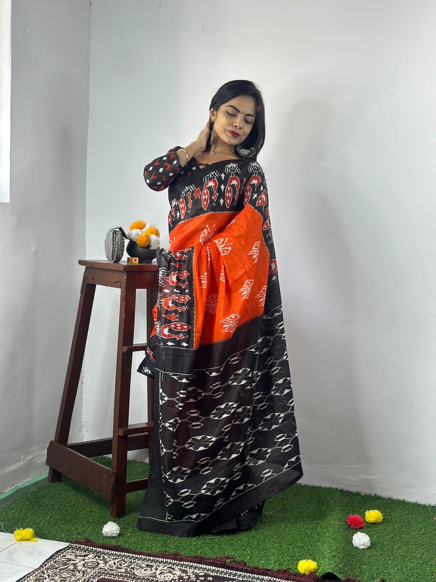 Elegant Women's Ikat Hand Print Pure soft Cotton Saree With Blouse Piece