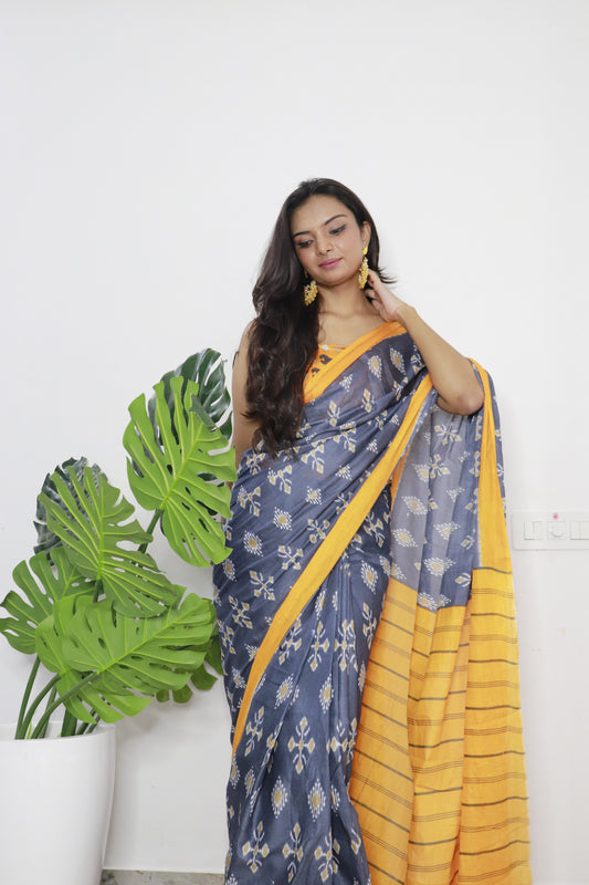 Handicraft Stylis Women's Elegent ikat Hand Printed Saree With Blouse Piece