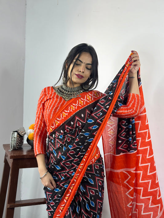 Elegant Women's Ikat Hand Print Pure soft Cotton Saree With Blouse Piece