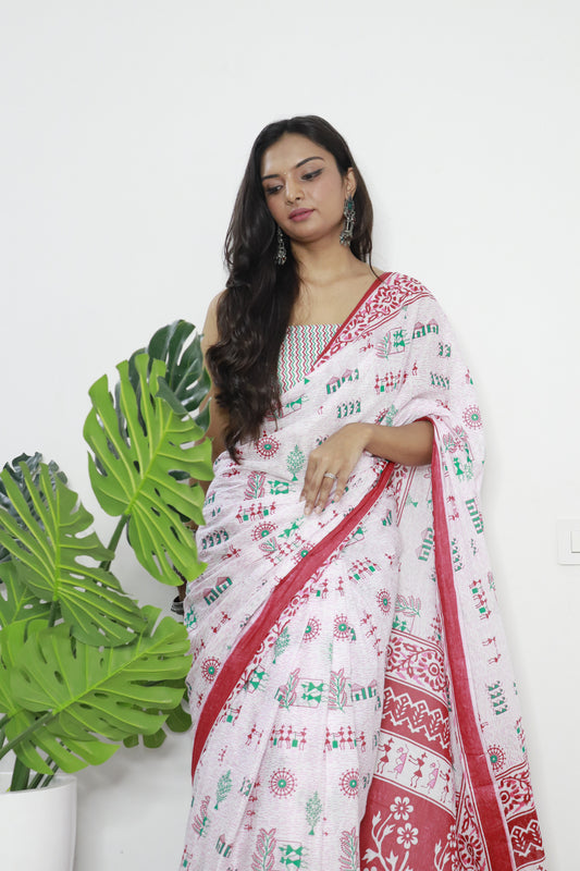 Handicraft Stylis Women's Elegent ikat Hand Printed Saree With Blouse Piece