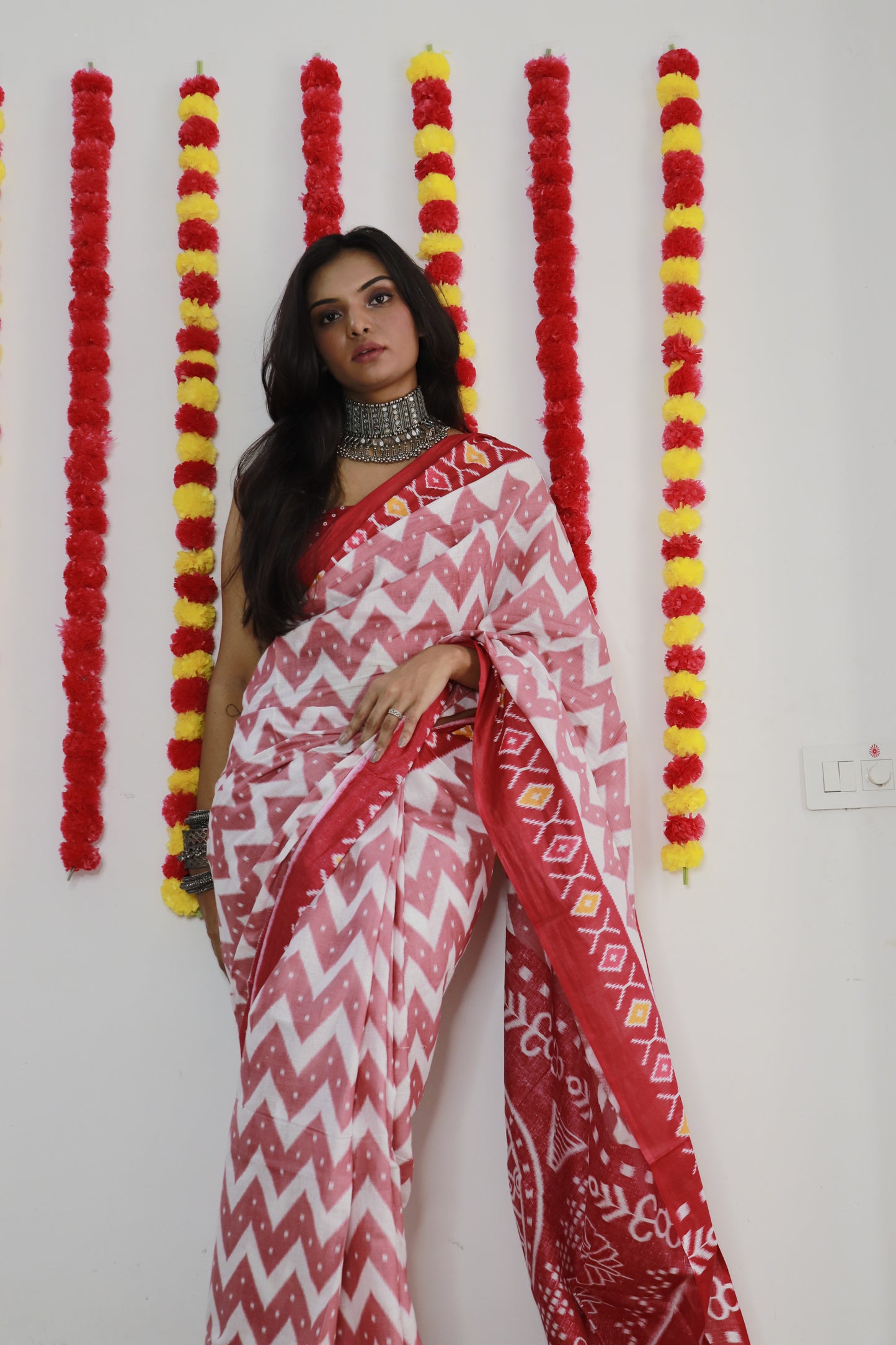 Elegant Women's Ikat Hand Print Pure soft Cotton Saree With Blouse Piece