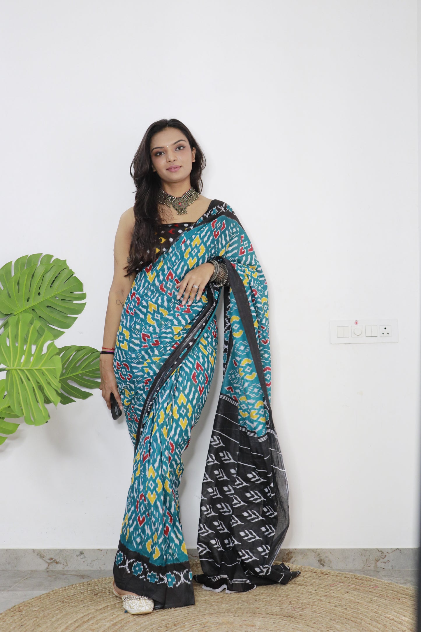 Handicraft Women's Ikat Hand Print Pure soft Cotton Saree With Blouse Piece