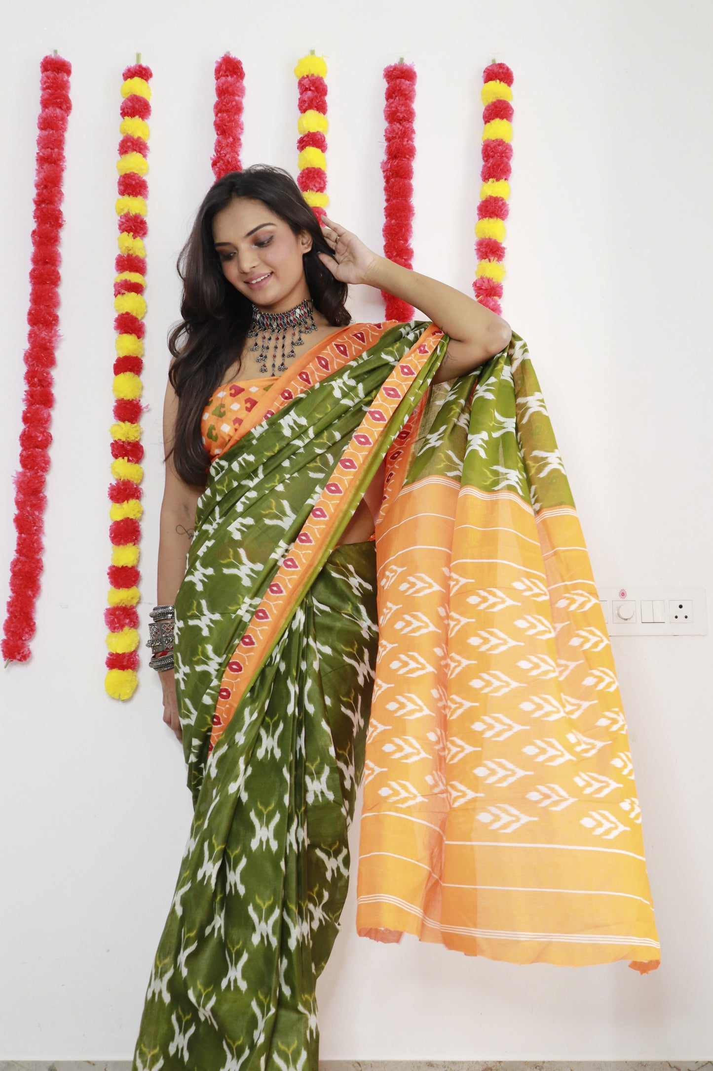 Elegant Women's Ikat Hand Print Pure soft Cotton Saree With Blouse Piece