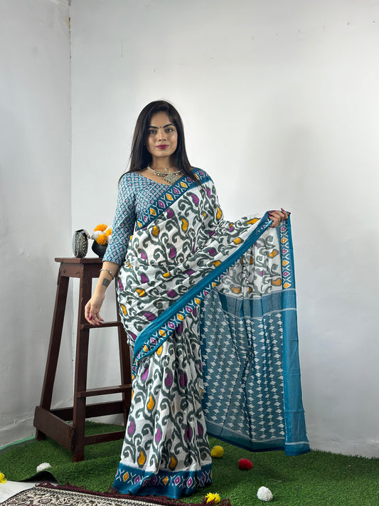 Elegant Women's Ikat Hand Print Pure soft Cotton Saree With Blouse Piece