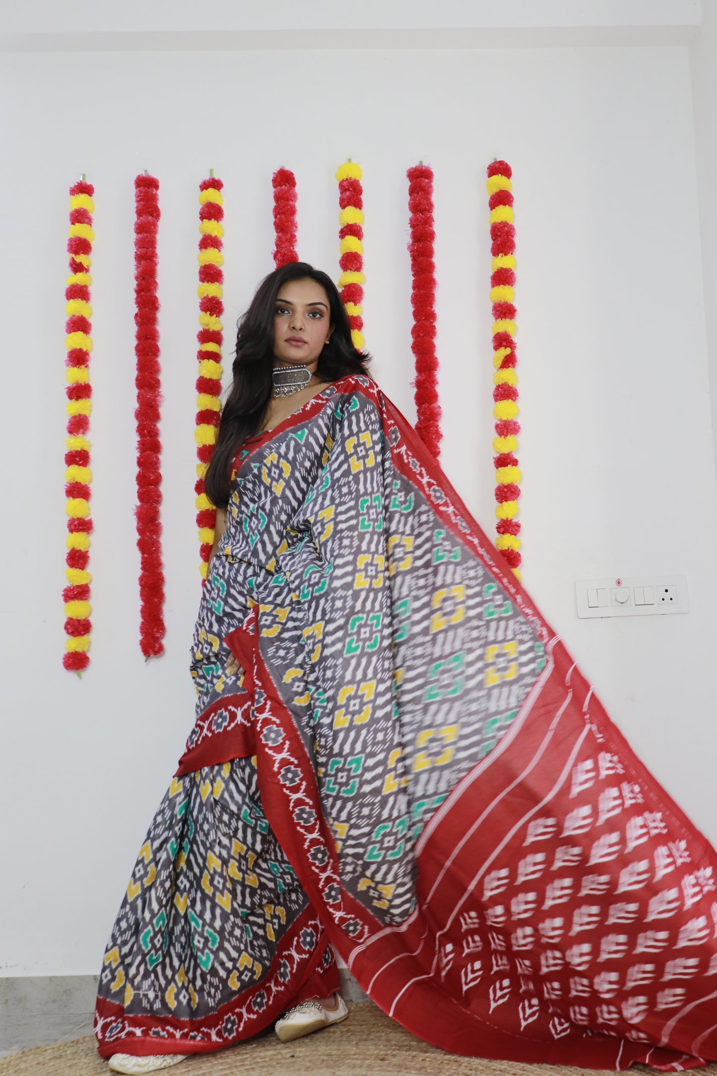 Elegant Women's Ikat Hand Print Pure soft Cotton Saree With Blouse Piece