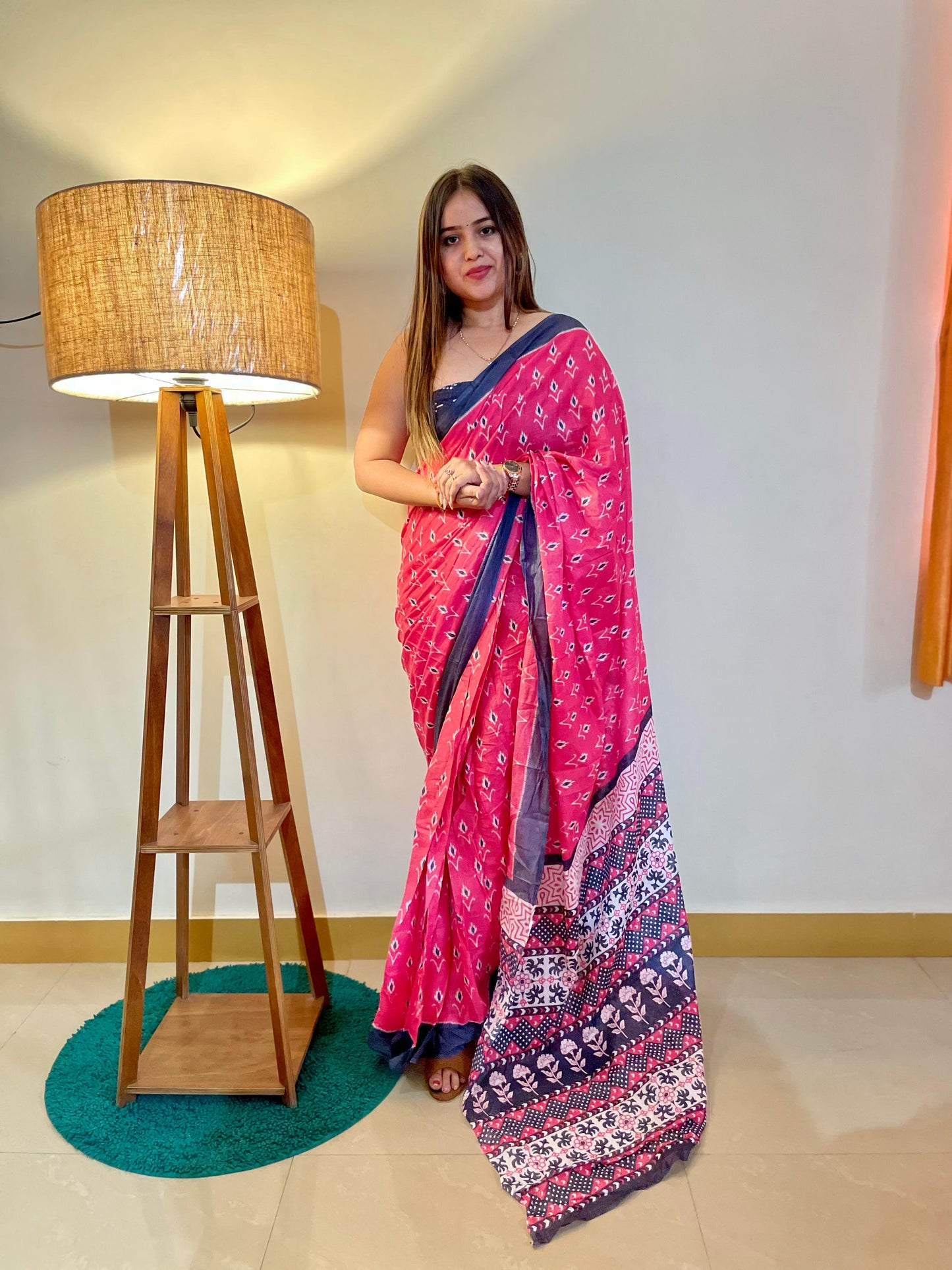 Elegant Women's Ikat Hand Print Pure soft Cotton Saree With Blouse Piece