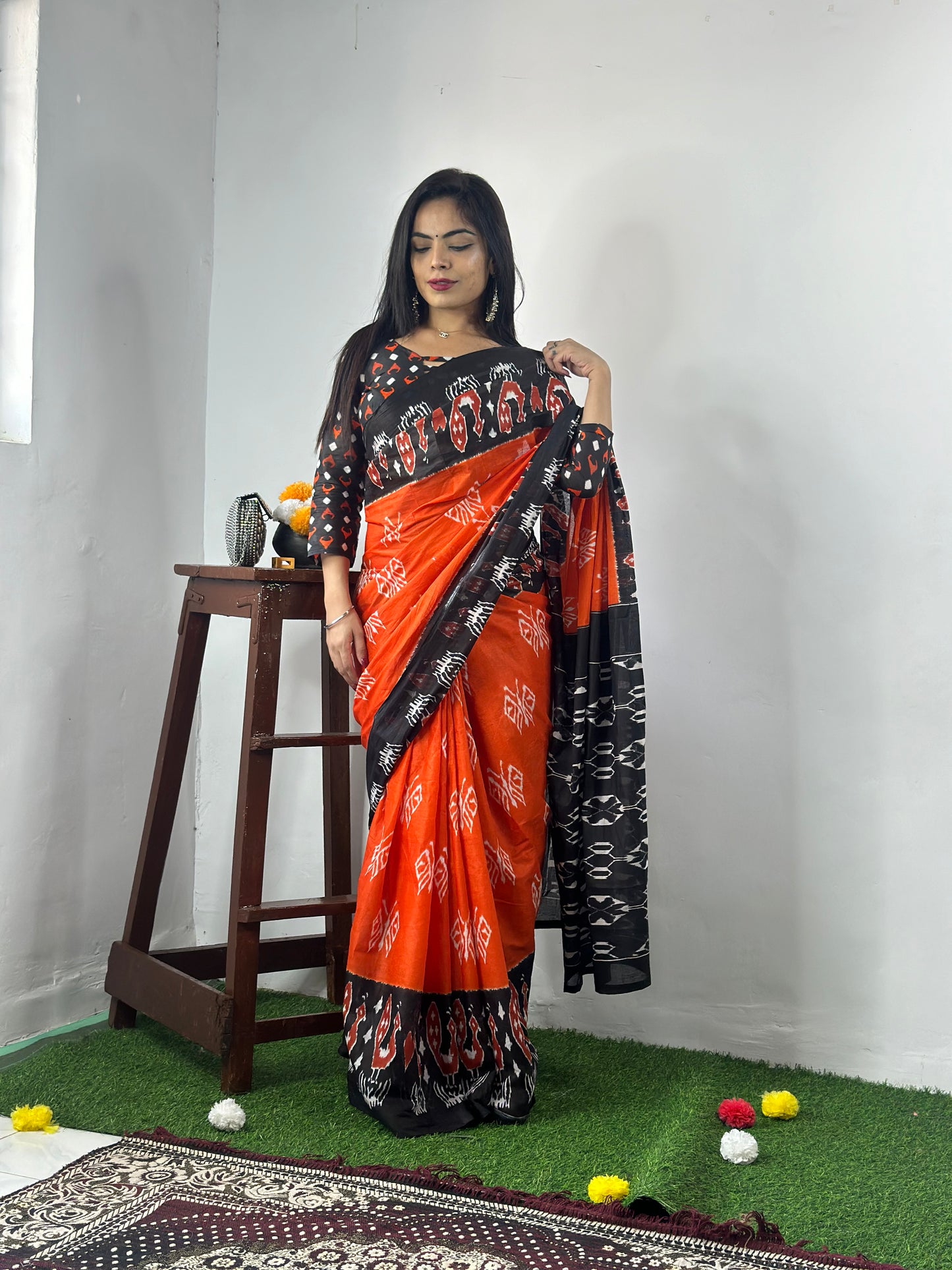 Elegant Women's Ikat Hand Print Pure soft Cotton Saree With Blouse Piece