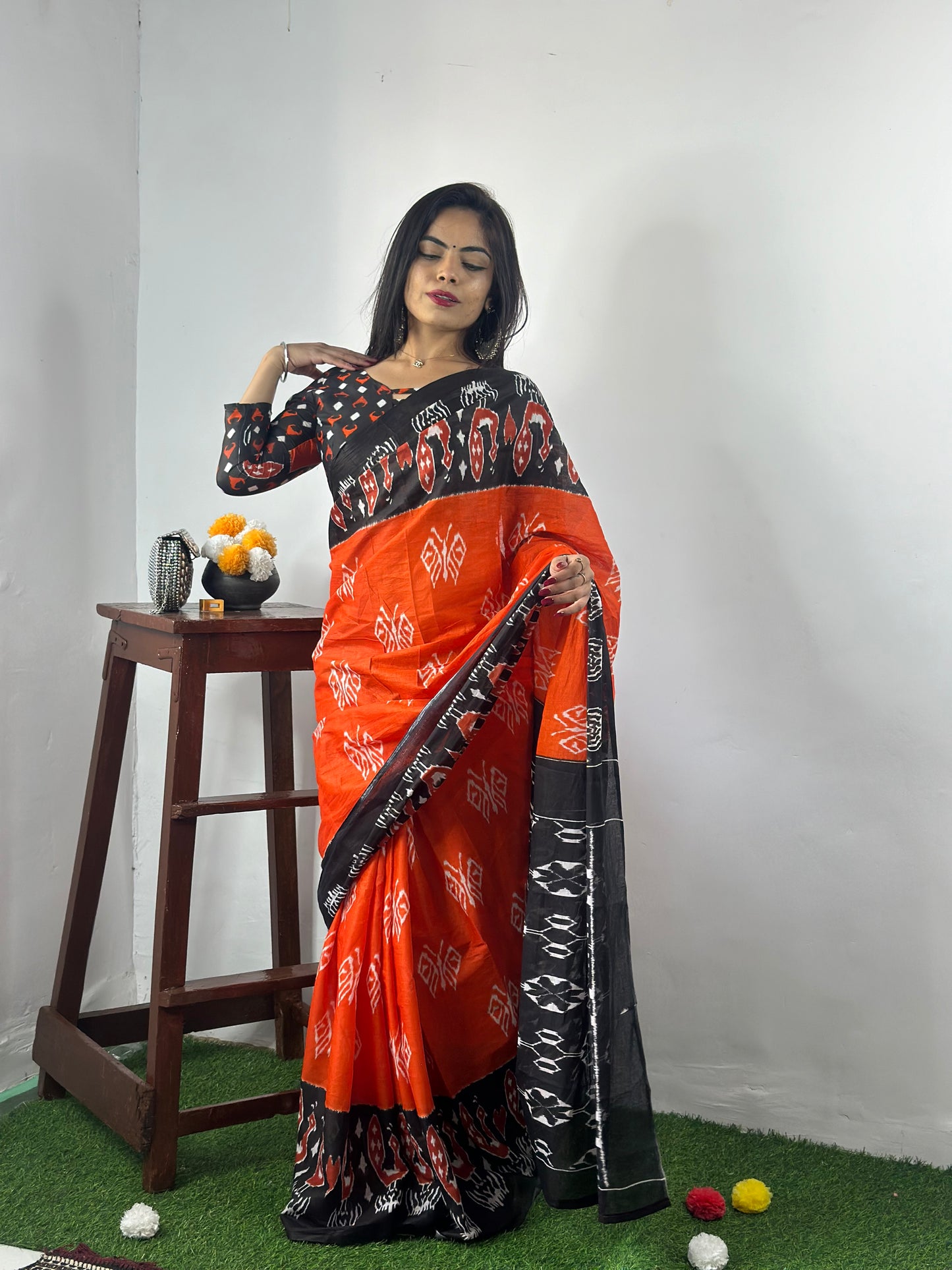 Elegant Women's Ikat Hand Print Pure soft Cotton Saree With Blouse Piece