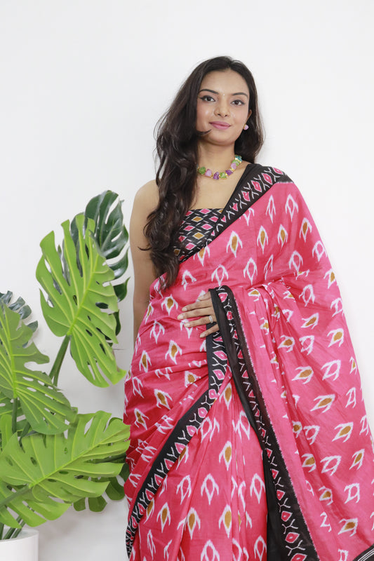 Handicraft Stylis Women's Elegent ikat Hand Printed Saree With Blouse Piece