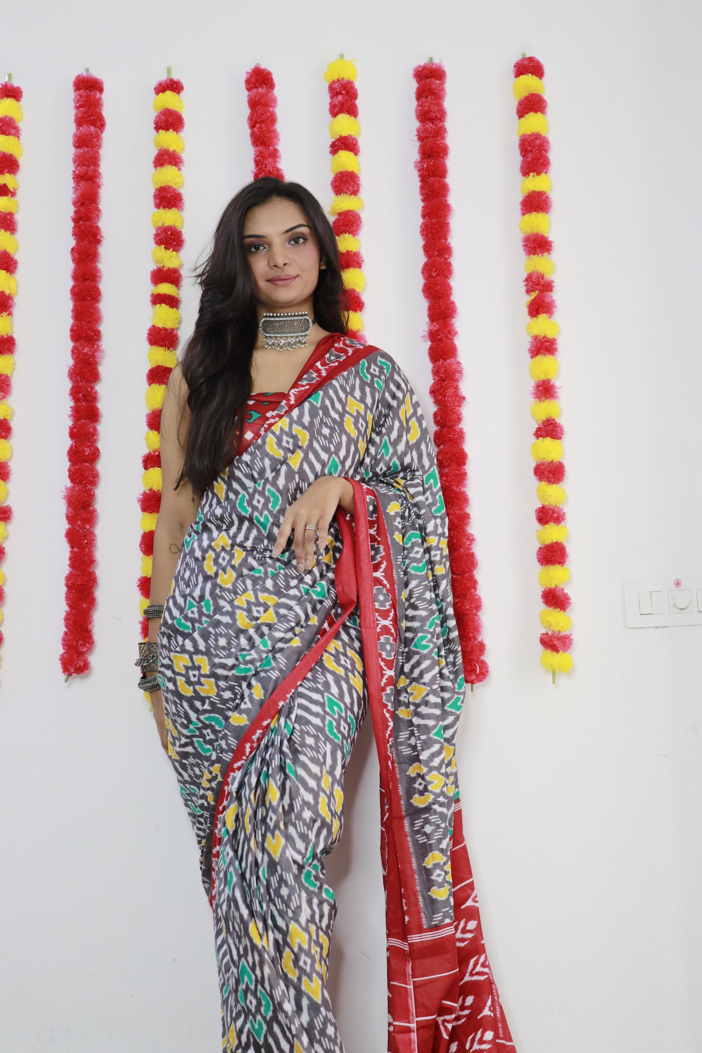 Elegant Women's Ikat Hand Print Pure soft Cotton Saree With Blouse Piece