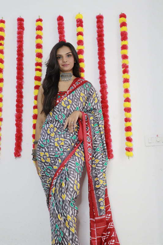 Elegant Women's Ikat Hand Print Pure soft Cotton Saree With Blouse Piece