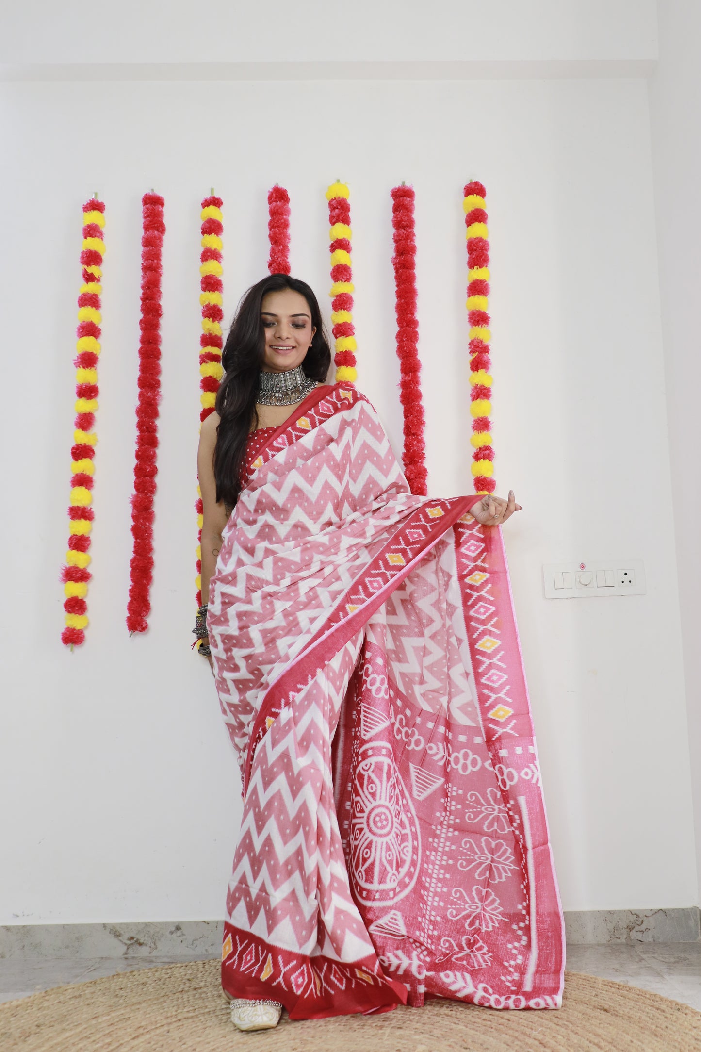 Elegant Women's Ikat Hand Print Pure soft Cotton Saree With Blouse Piece