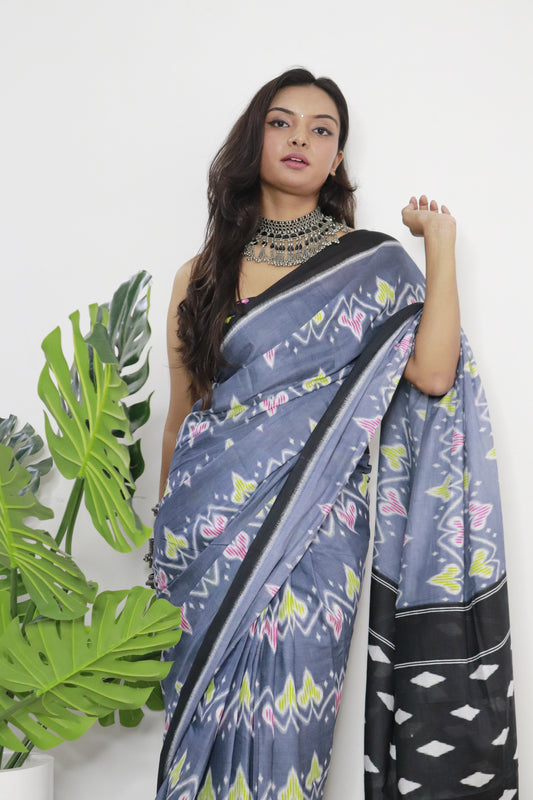 Handicraft Stylis Women's Elegent ikat Hand Printed Saree With Blouse Piece