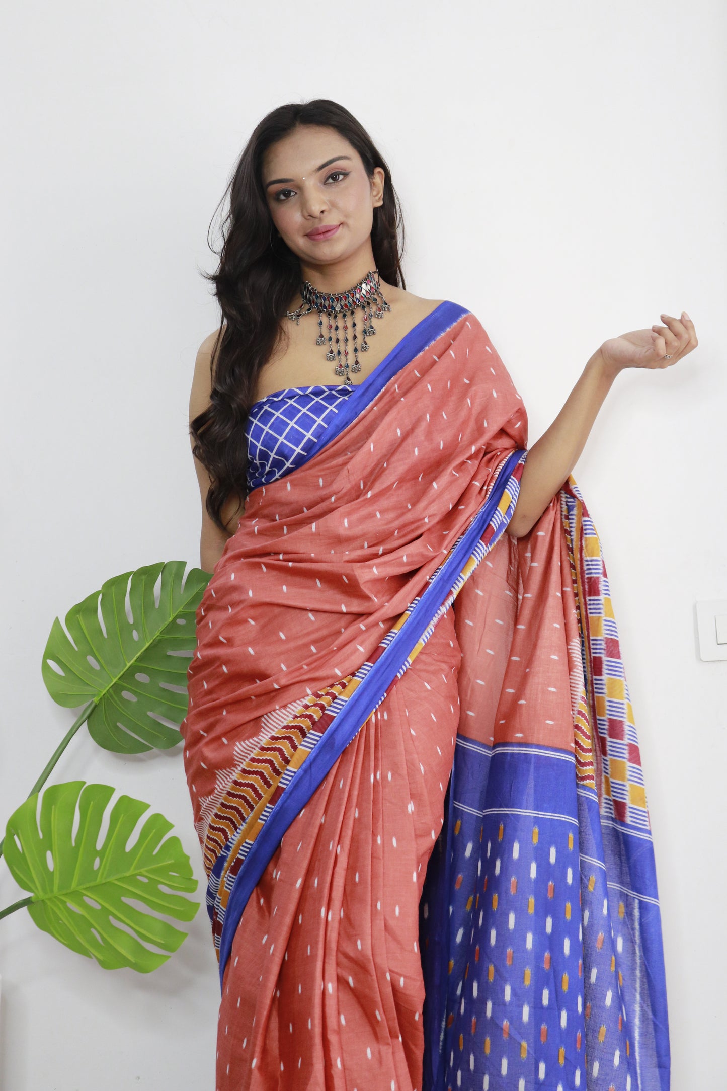 Elegant Women's Ikat Hand Print Pure soft Cotton Saree With Blouse Piece