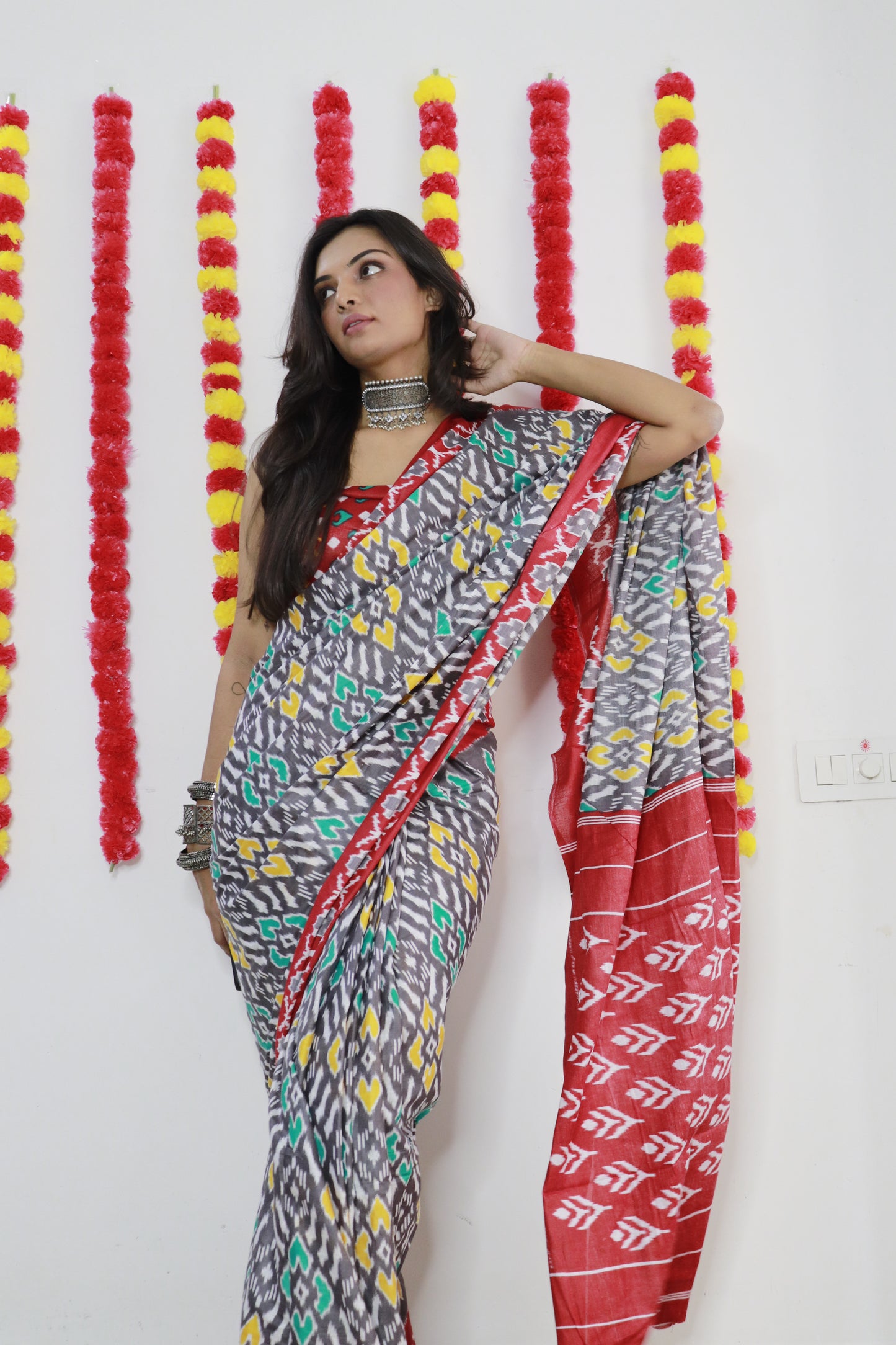 Elegant Women's Ikat Hand Print Pure soft Cotton Saree With Blouse Piece