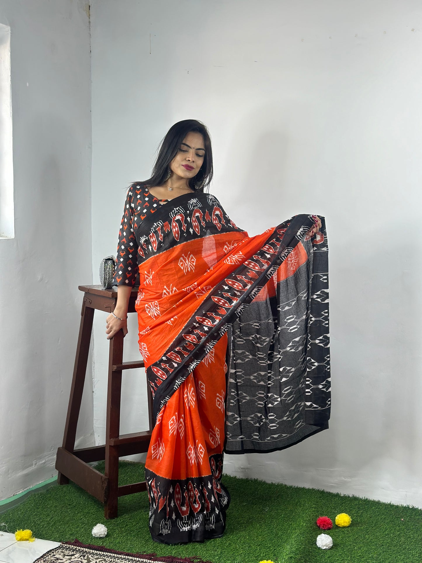 Elegant Women's Ikat Hand Print Pure soft Cotton Saree With Blouse Piece