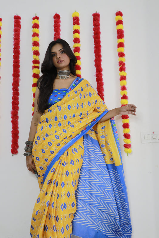 Handicraft Stylis Women's Elegent ikat Hand Printed Saree With Blouse Piece