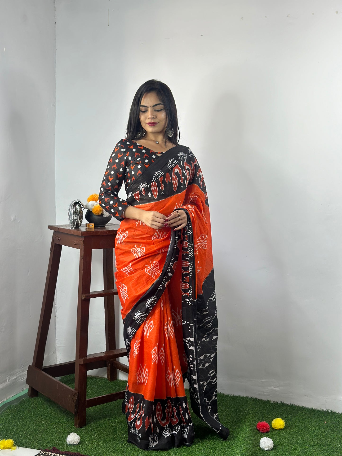 Elegant Women's Ikat Hand Print Pure soft Cotton Saree With Blouse Piece