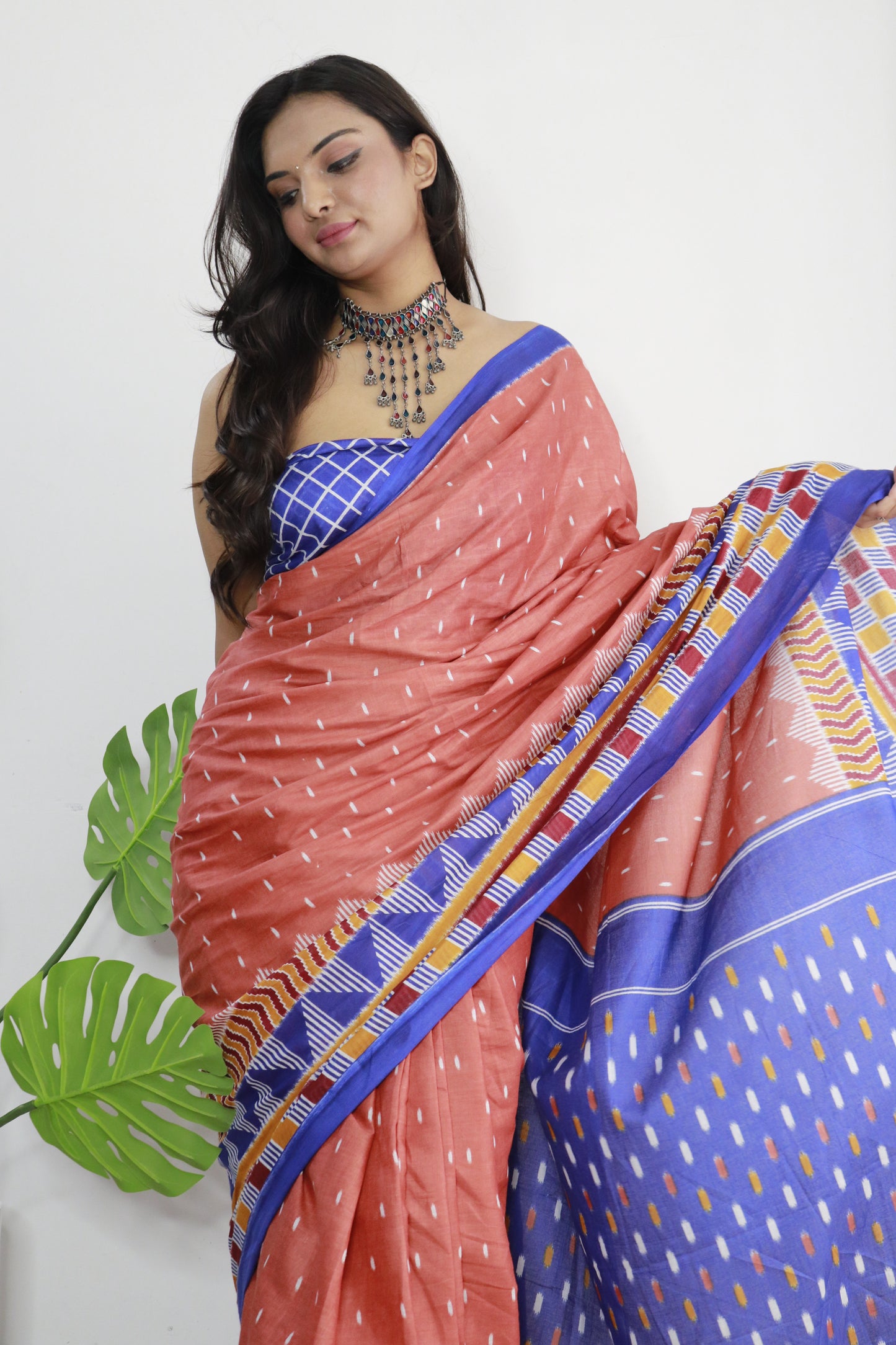 Elegant Women's Ikat Hand Print Pure soft Cotton Saree With Blouse Piece