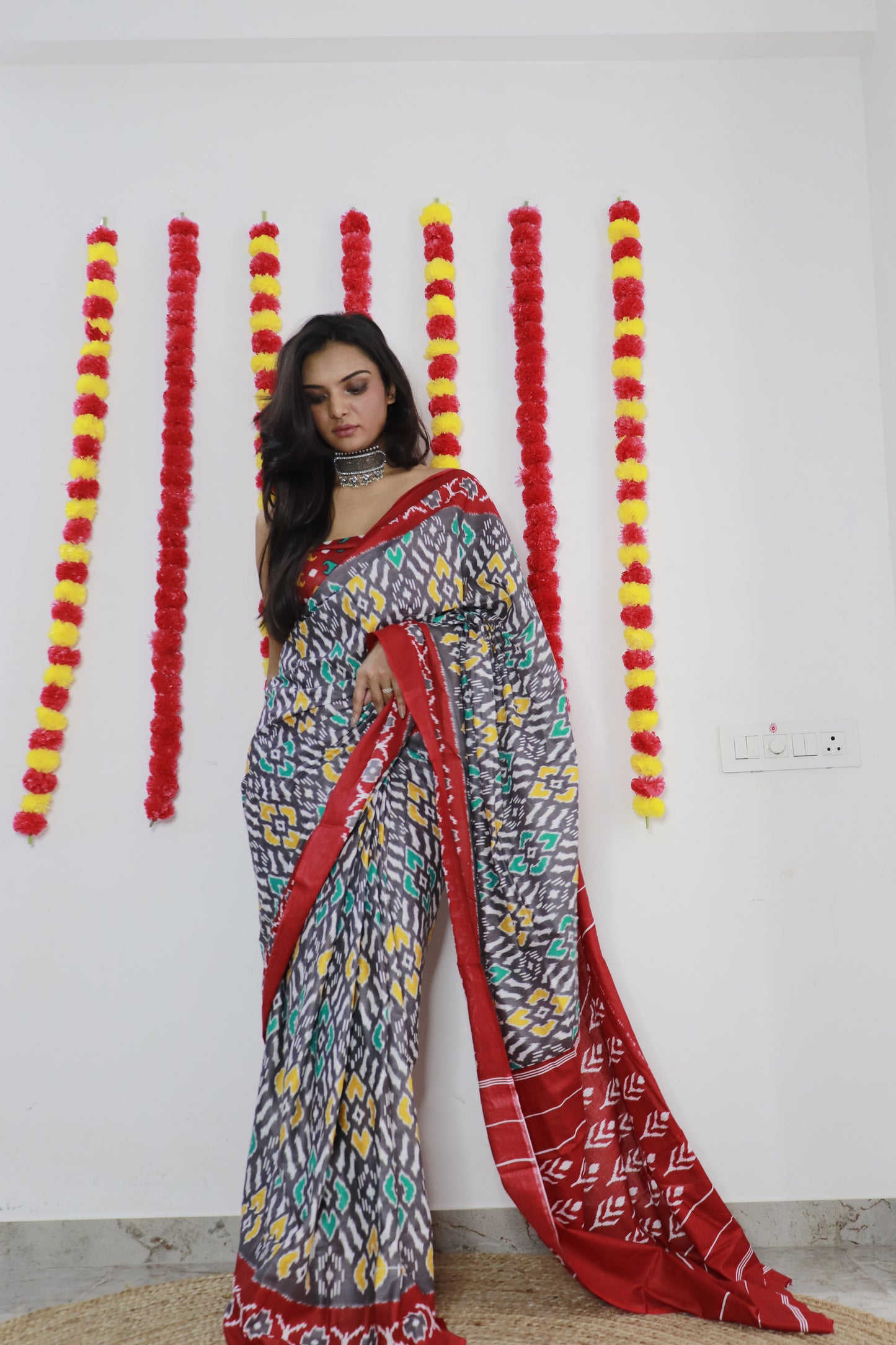 Elegant Women's Ikat Hand Print Pure soft Cotton Saree With Blouse Piece