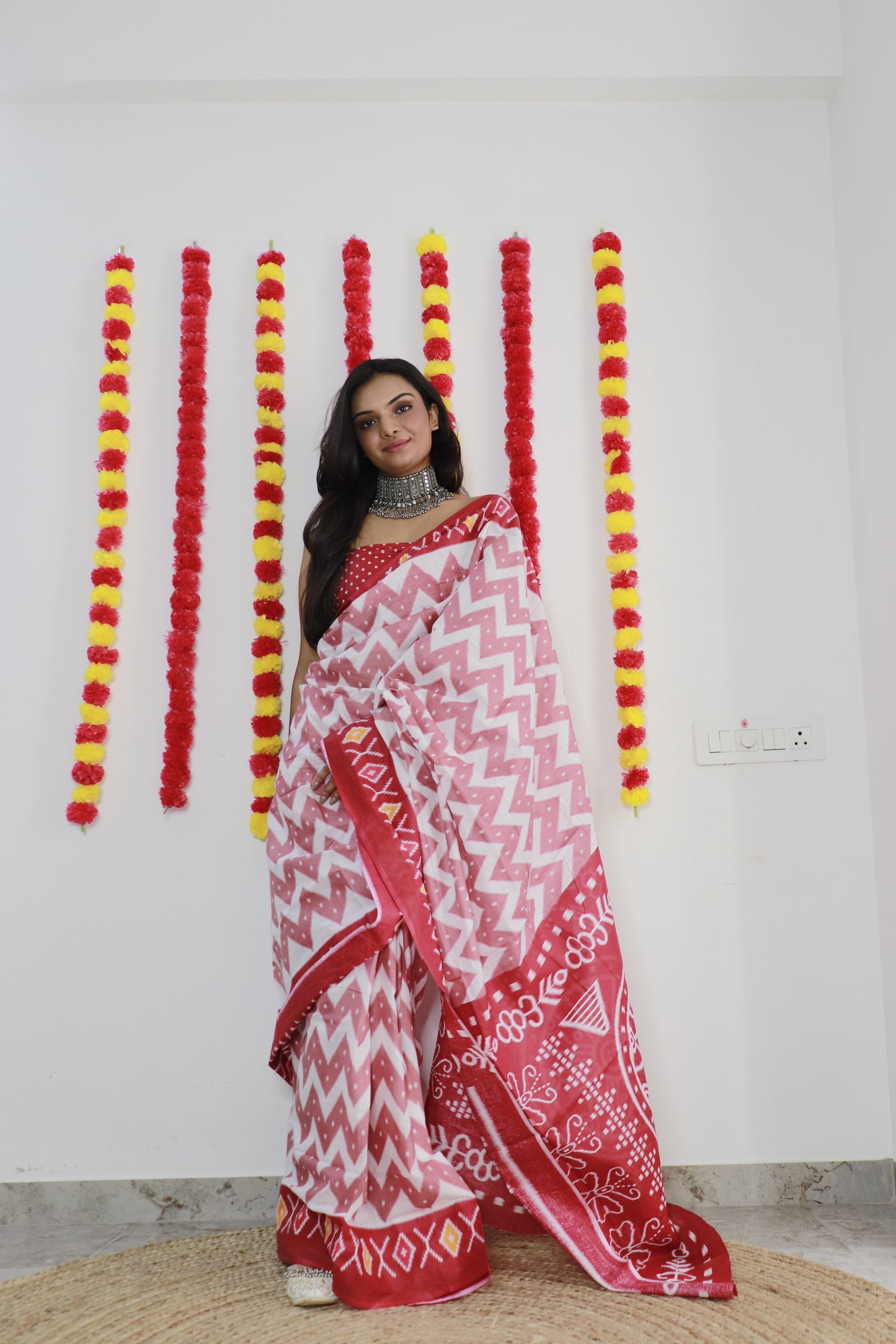 Elegant Women's Ikat Hand Print Pure soft Cotton Saree With Blouse Piece