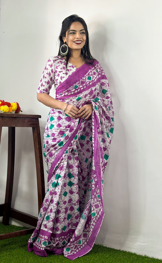 Stylish Women's Jaipuri Hand Block Print Pure soft Cotton Saree With Blouse Piece