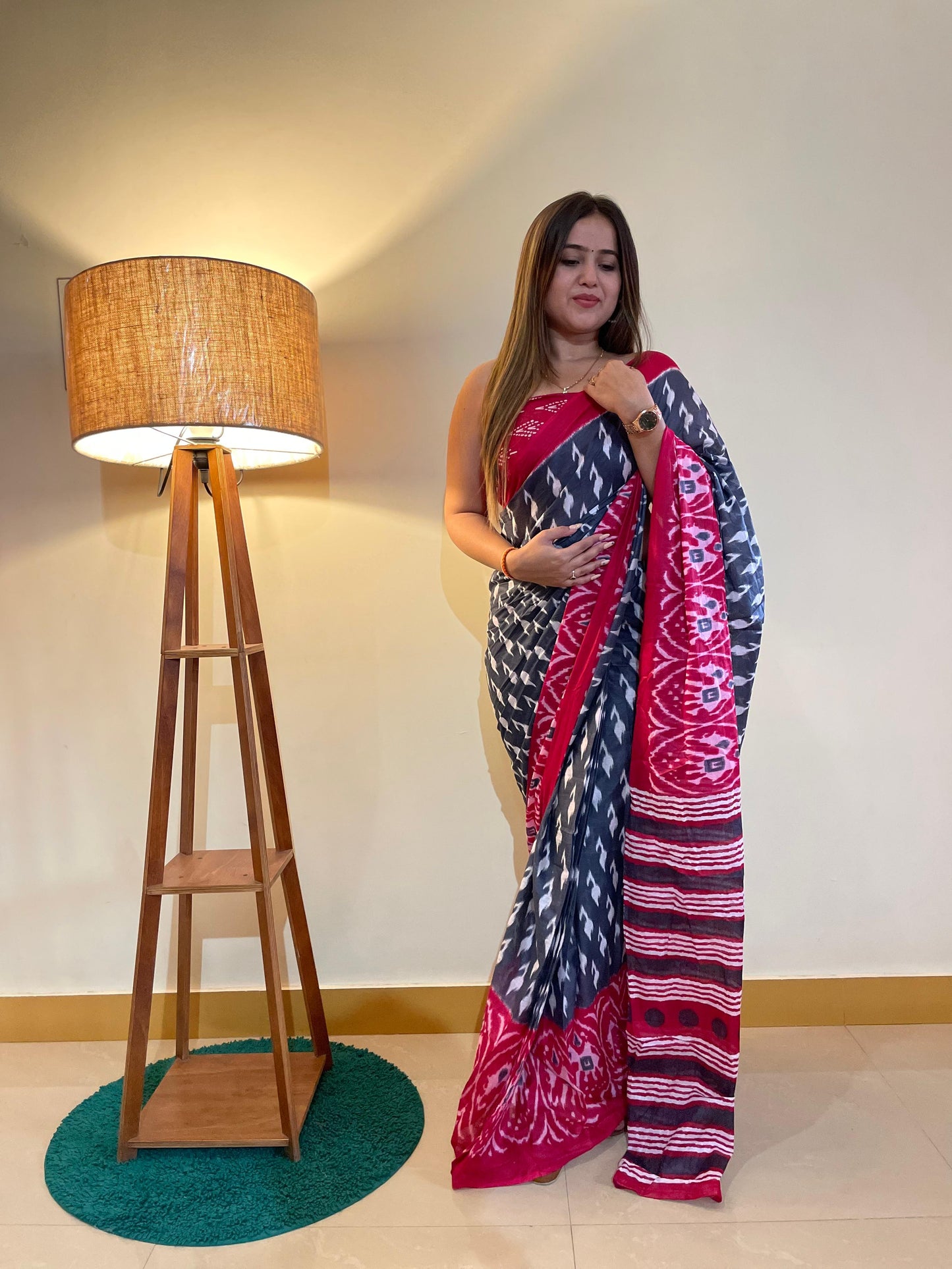 Elegant Women's Ikat Hand Print Pure soft Cotton Saree With Blouse Piece