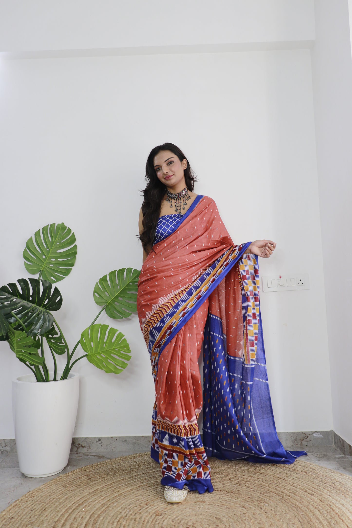 Elegant Women's Ikat Hand Print Pure soft Cotton Saree With Blouse Piece