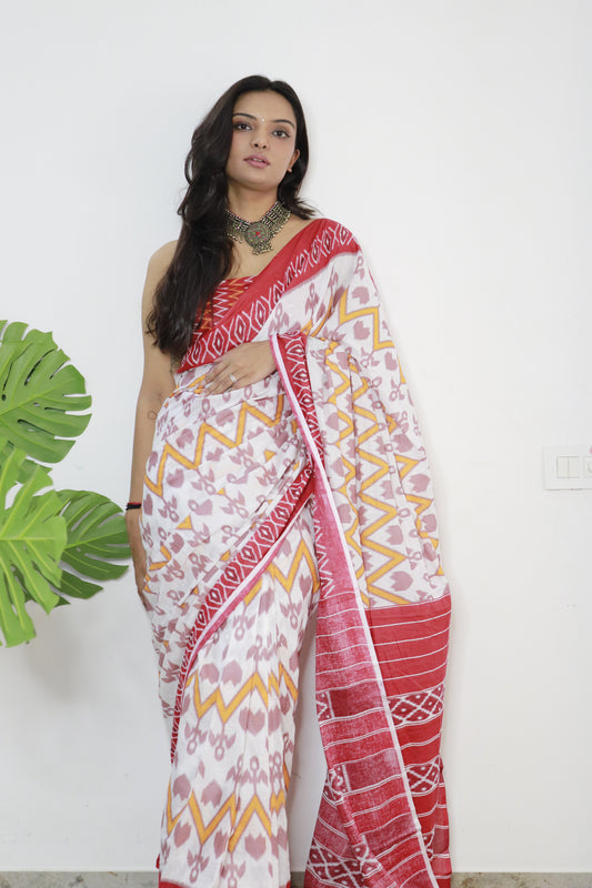 Handicraft Ladies Ikkat Print Soft Cotton Sari With Blouse Piece