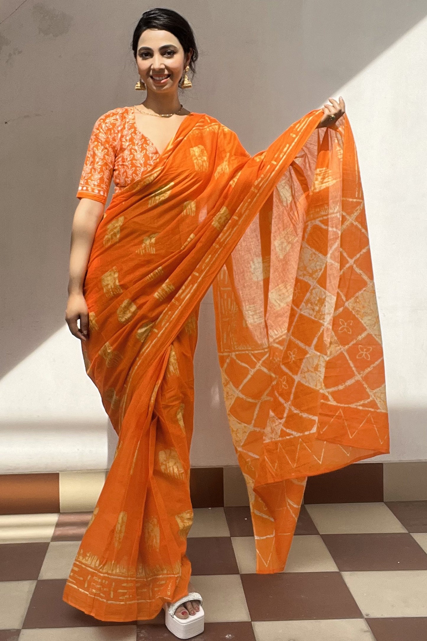 Handicraft Women's Ikat Pure soft Cotton Ready To Wear Saree With Blouse Piece