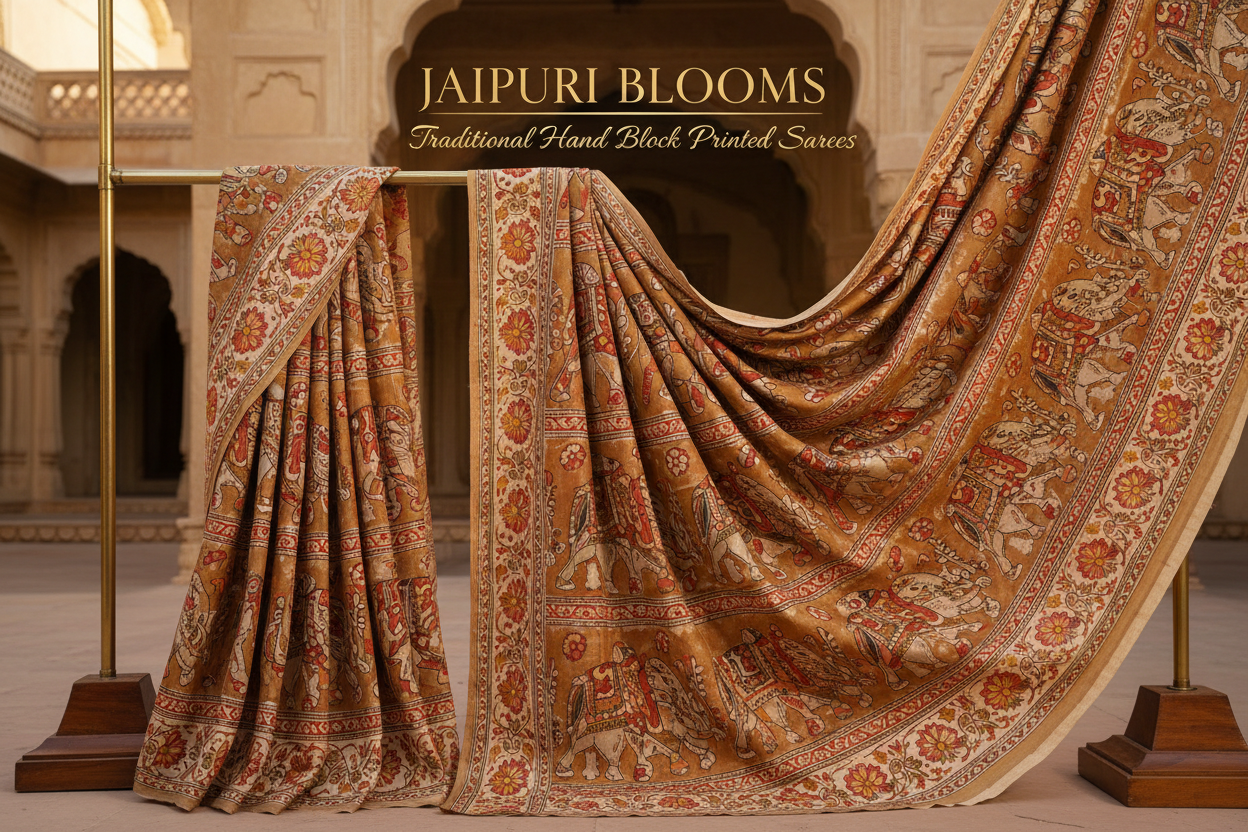 use jaipuri block printed sarees image and create a banner for this place like caremal print eleplant print