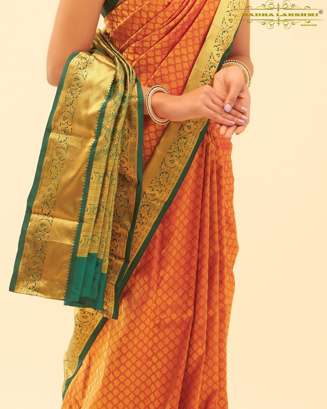 Ladies Kanjivaram Banarasi Soft Silk  Zari Woven  Sari With Blouse piece Orange Green