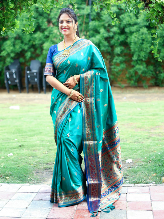 🌹Beautiful soft KanchiPaithani  saree with mango butties with gold  zari weaving   All over the saree to give rich and unique look