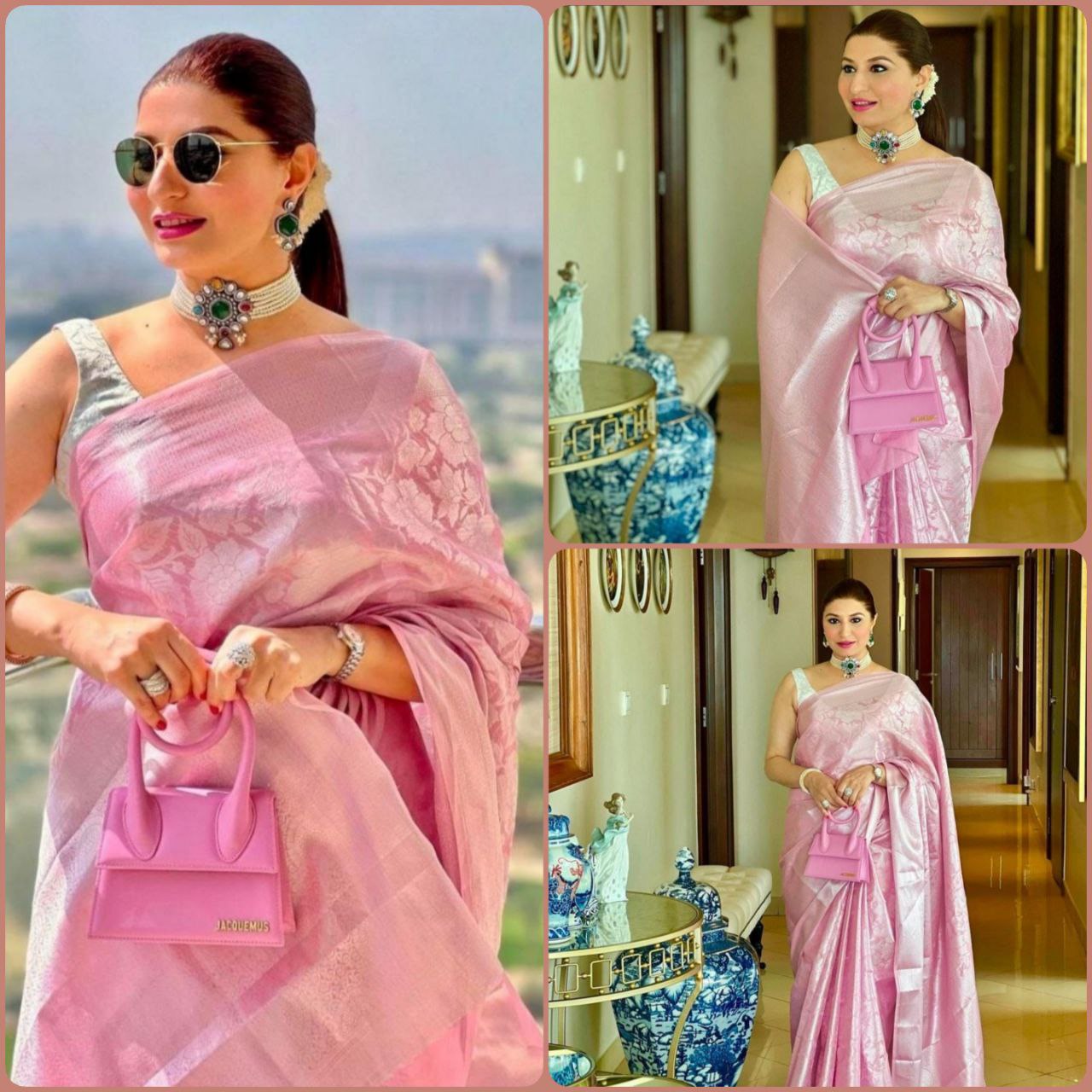 Ladies Kanjivaram Banarasi Soft Silk  silver Zari Woven Sari With Blouse piece Plight Pink