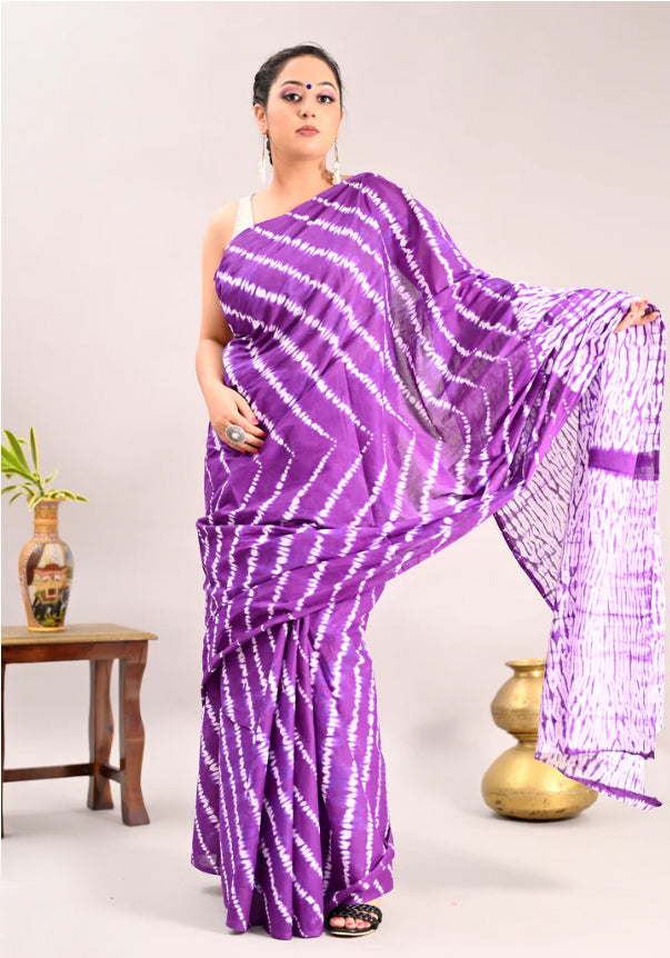 VIOLET COLOR WITH WHITE SHIBORI PRINT PURE SOFT COTTON SAREE