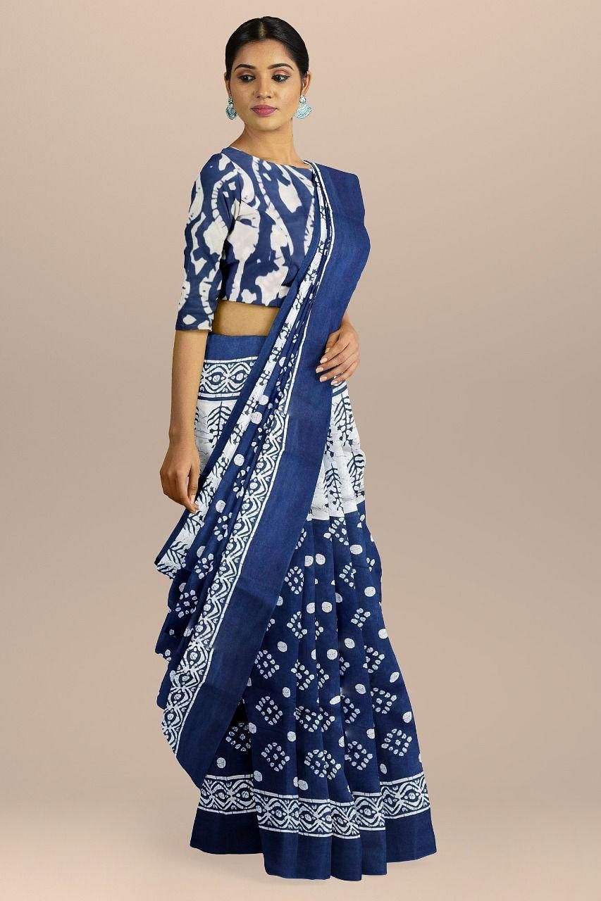 Handicraft Women's Batik Pure soft Cotton Batik Saree With Blouse Piece Ragini Blue