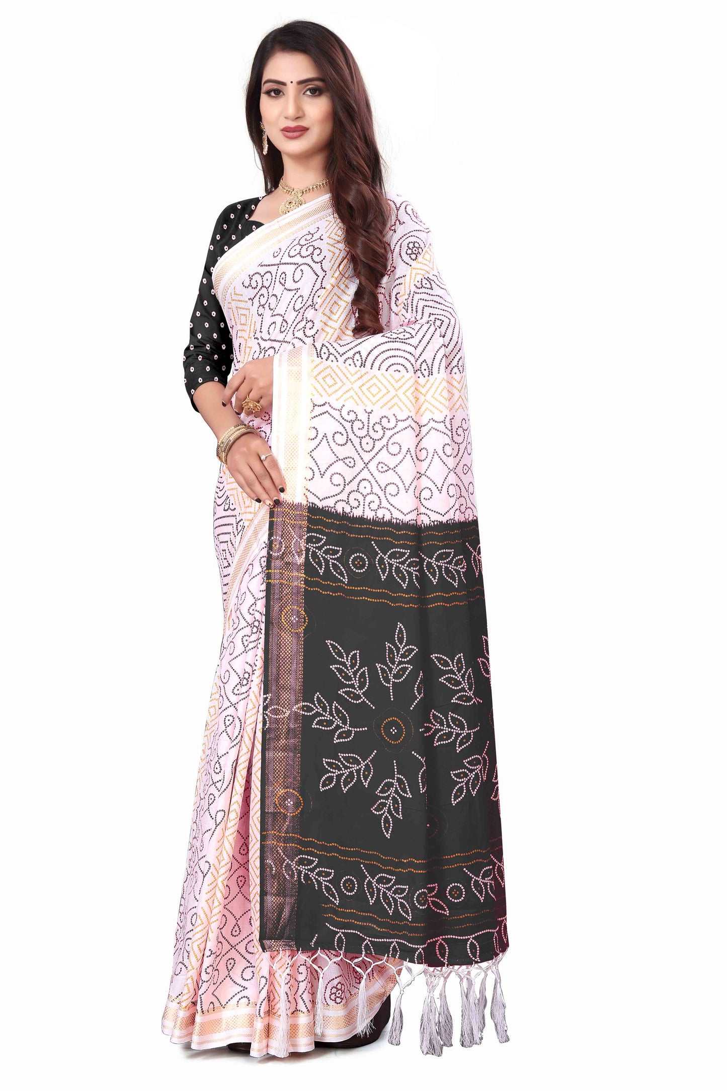 Handicraft Ladies  Bandhani Print Pure soft Cotton Sari With Blouse Piece Rang Black