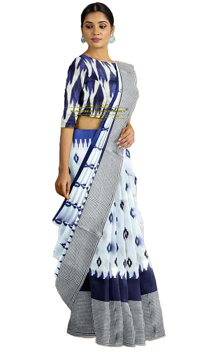 Handicraft Women's Pure soft Cotton Block Printed Casual Wear Saree With Blouse Piece Ragini White Blue