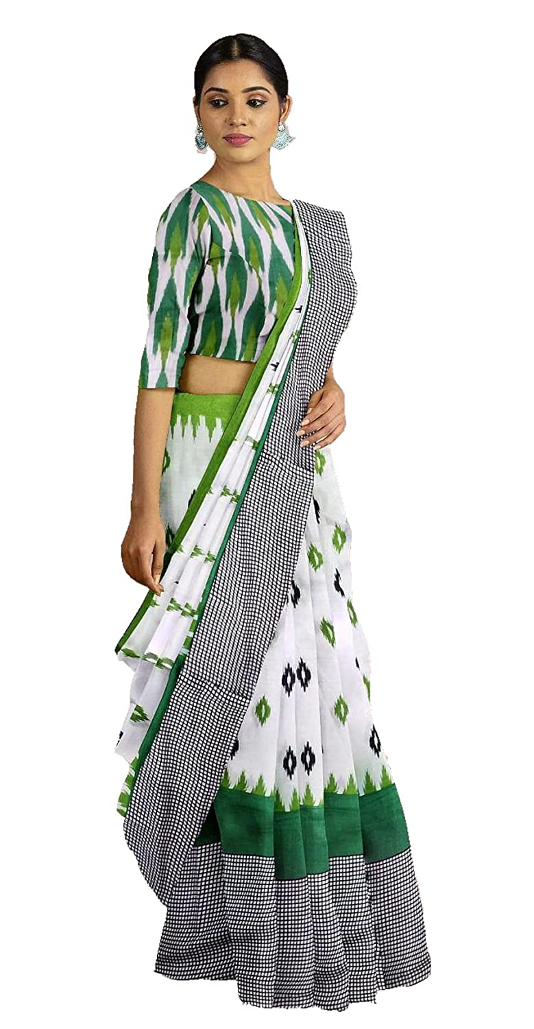 Handicraft Women's Pure soft Cotton Block Printed Casual Wear Saree With Blouse Piece Ragini White green