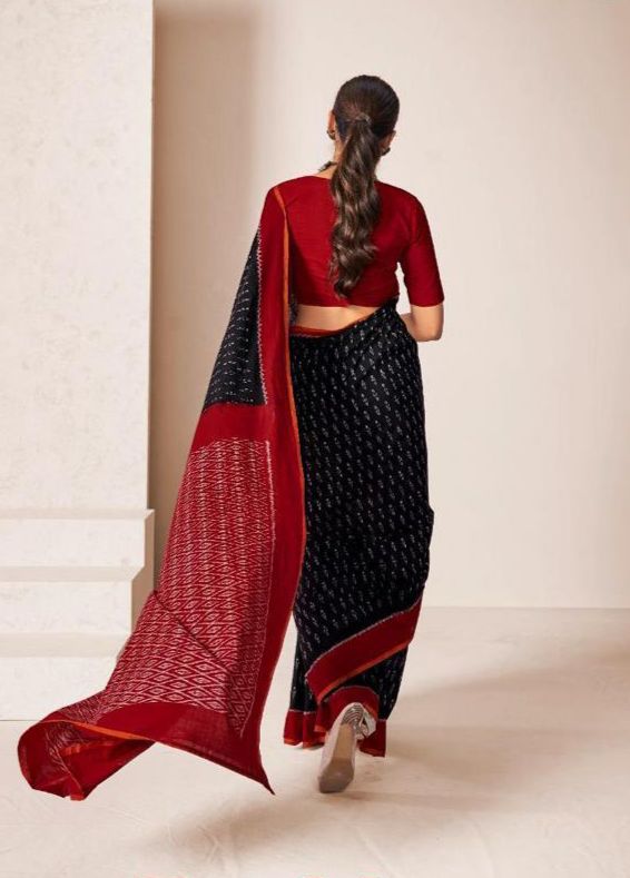 Handicraft Ladies Ikat Pure soft Cotton Sari With Blouse Piece Barkha Black back