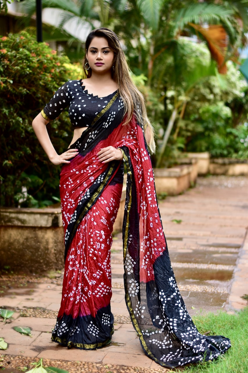 Beautiful Hand Bandhej Silk  saree Black Red