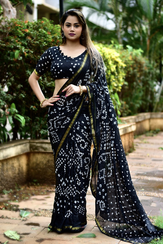 Beautiful Hand Bandhej Silk  saree Black