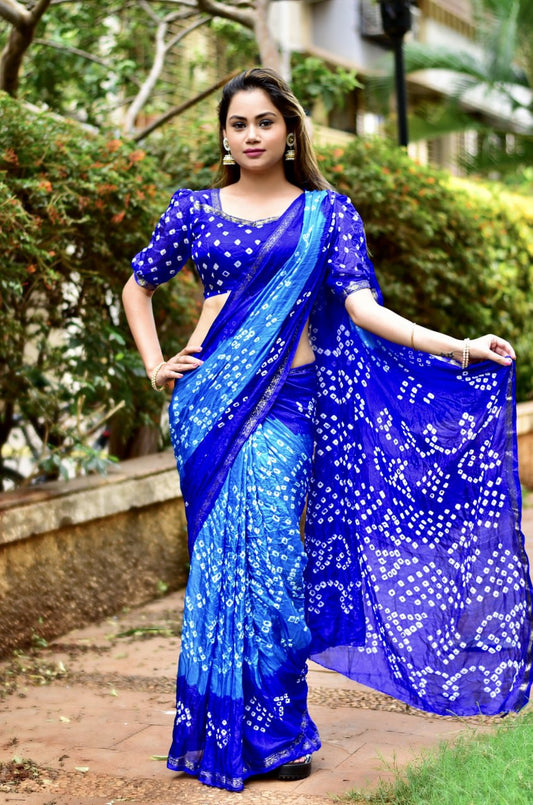 Beautiful Hand Bandhej Silk  saree Blue