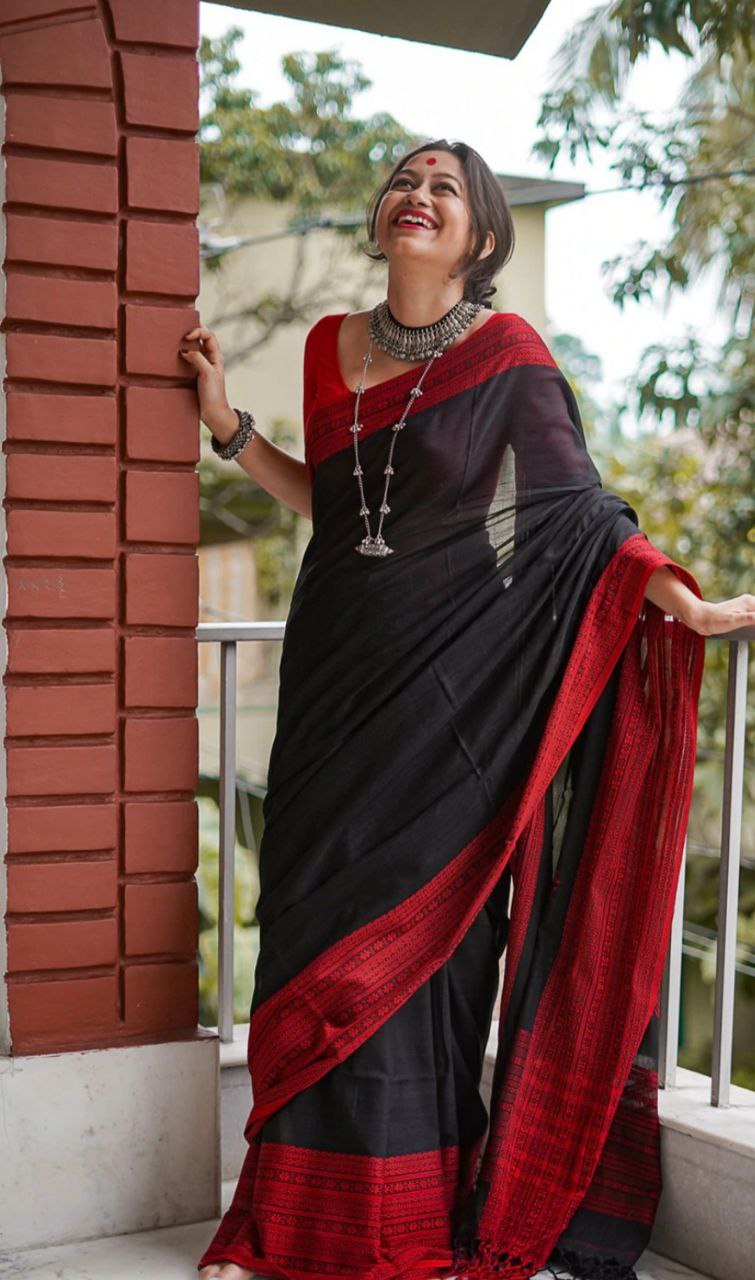 Women's Kanjivaram Banarasi Soft Cotton Silk Copper Zari Woven Saree With Blouse piece