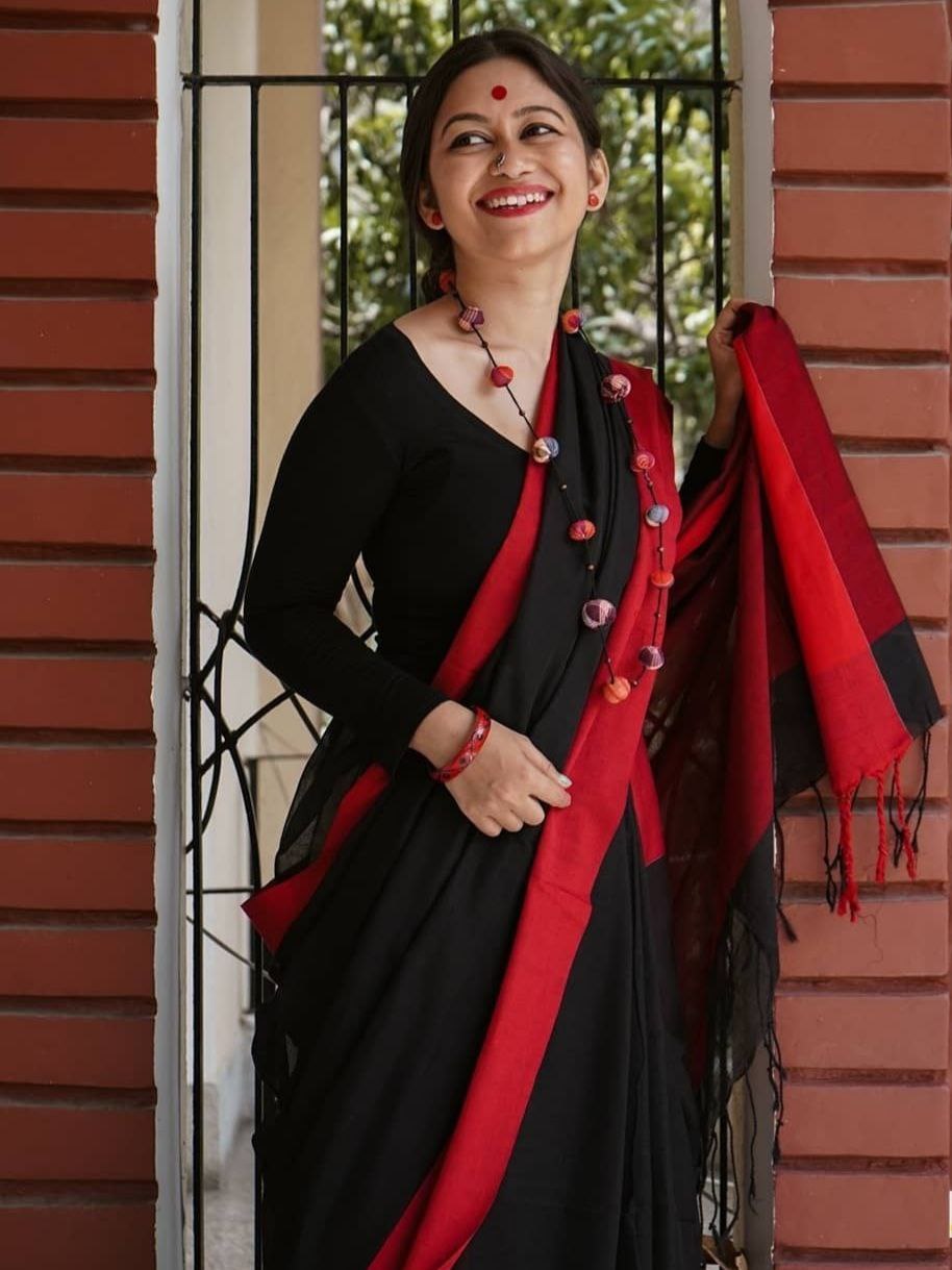 Women's Kanjivaram Banarasi Soft Cotton Silk Copper Zari Woven Saree With Blouse piece